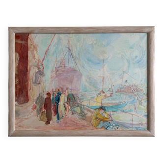 Huile sur toile représentant le port de Nantes par J. Levy XXe