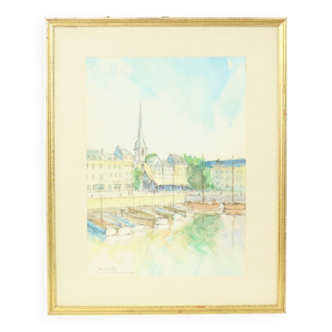 Charming Painting Watercolor Carlier 1989 Honfleur France