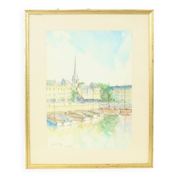 Peinture Aquarelle Carlier 1989 Honfleur France