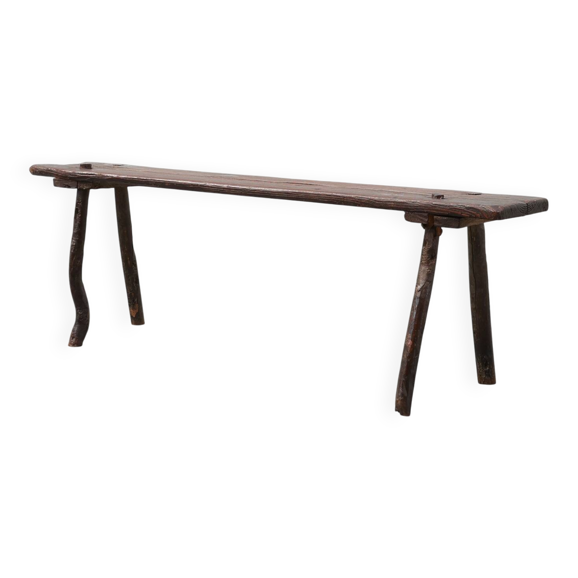 French Primitive Wooden Bench with Splayed Legs, 19th Century