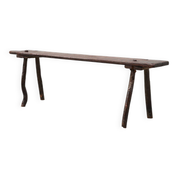 Banc en bois primitif français avec pieds écartés, 19e siècle