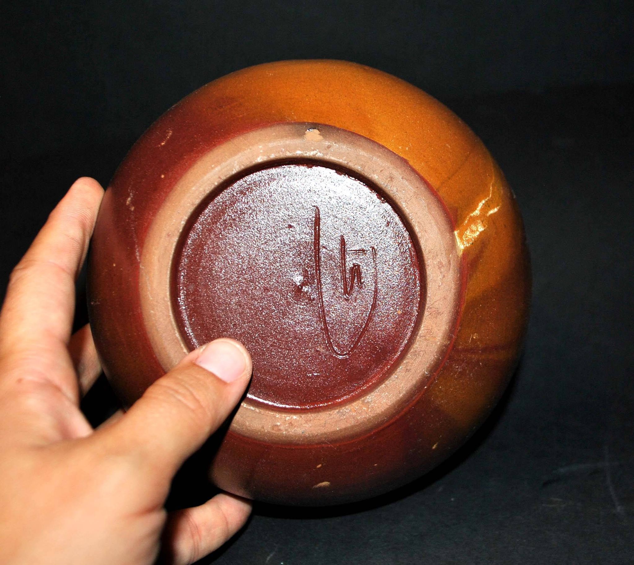 Vintage ball vase in flamed stoneware 1960 - caramel color with blue flow - signed DS
