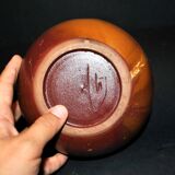 Vintage ball vase in flamed stoneware 1960 - caramel color with blue flow - signed DS