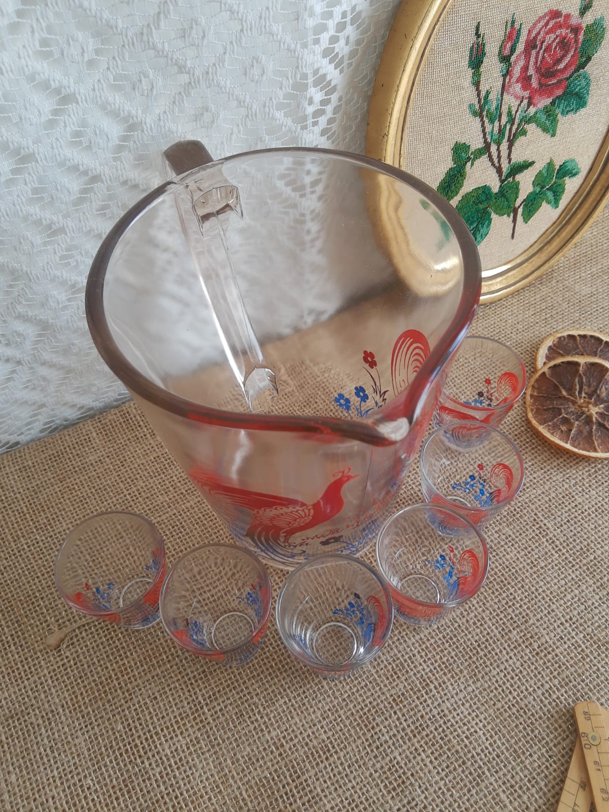 Pitcher and 6 vintage peacock liqueur glasses