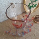 Pitcher and 6 vintage peacock liqueur glasses