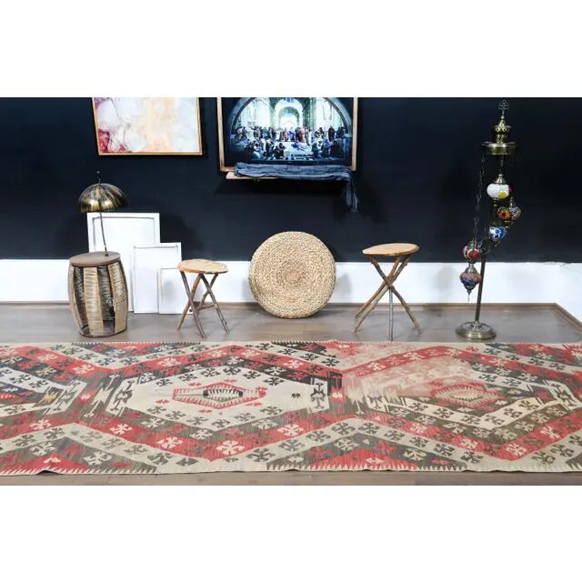 1970s Turkish Oushak Handmade Wool Cotton Red Kilim Runner Rug 130x400