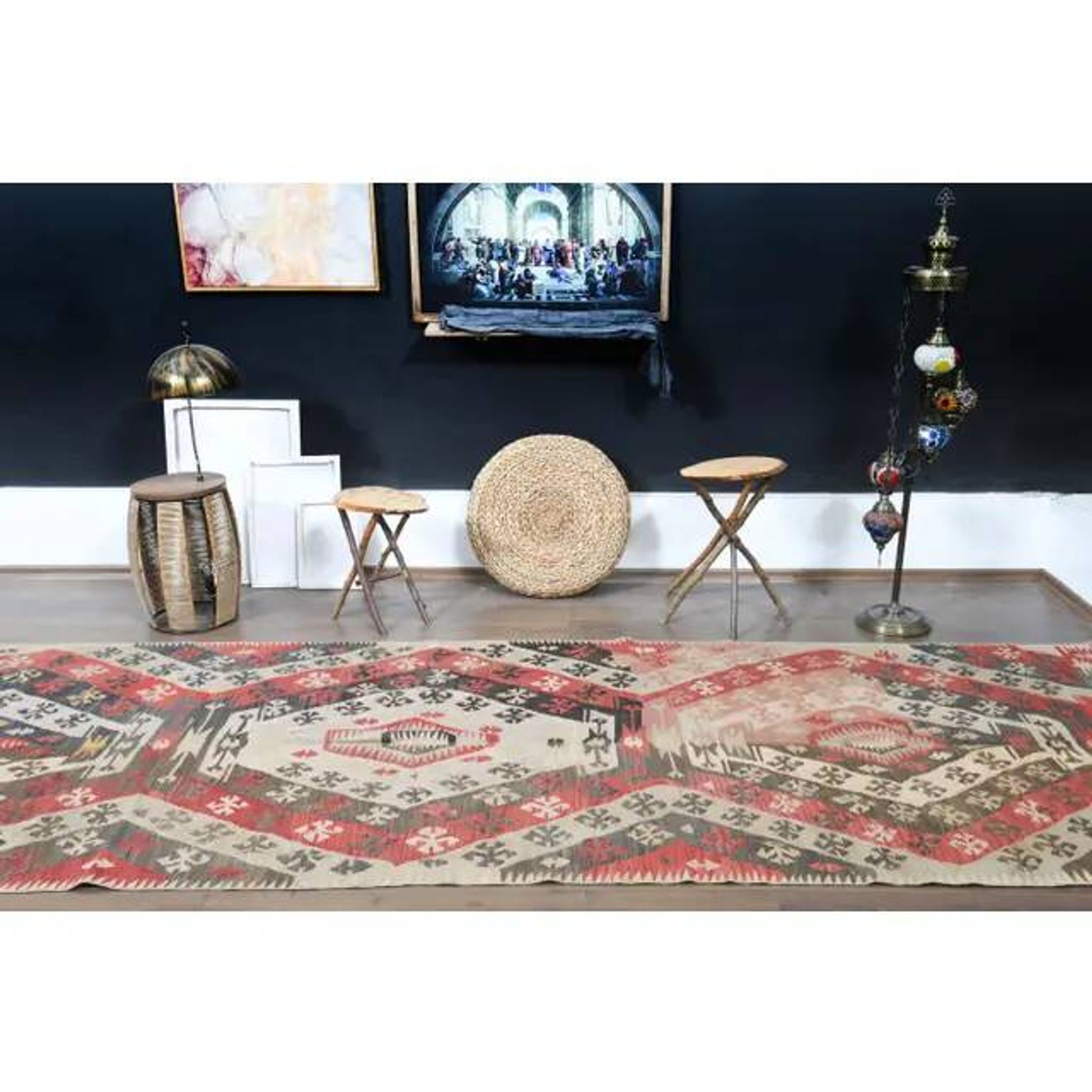 1970s Turkish Oushak Handmade Wool Cotton Red Kilim Runner Rug 130x400