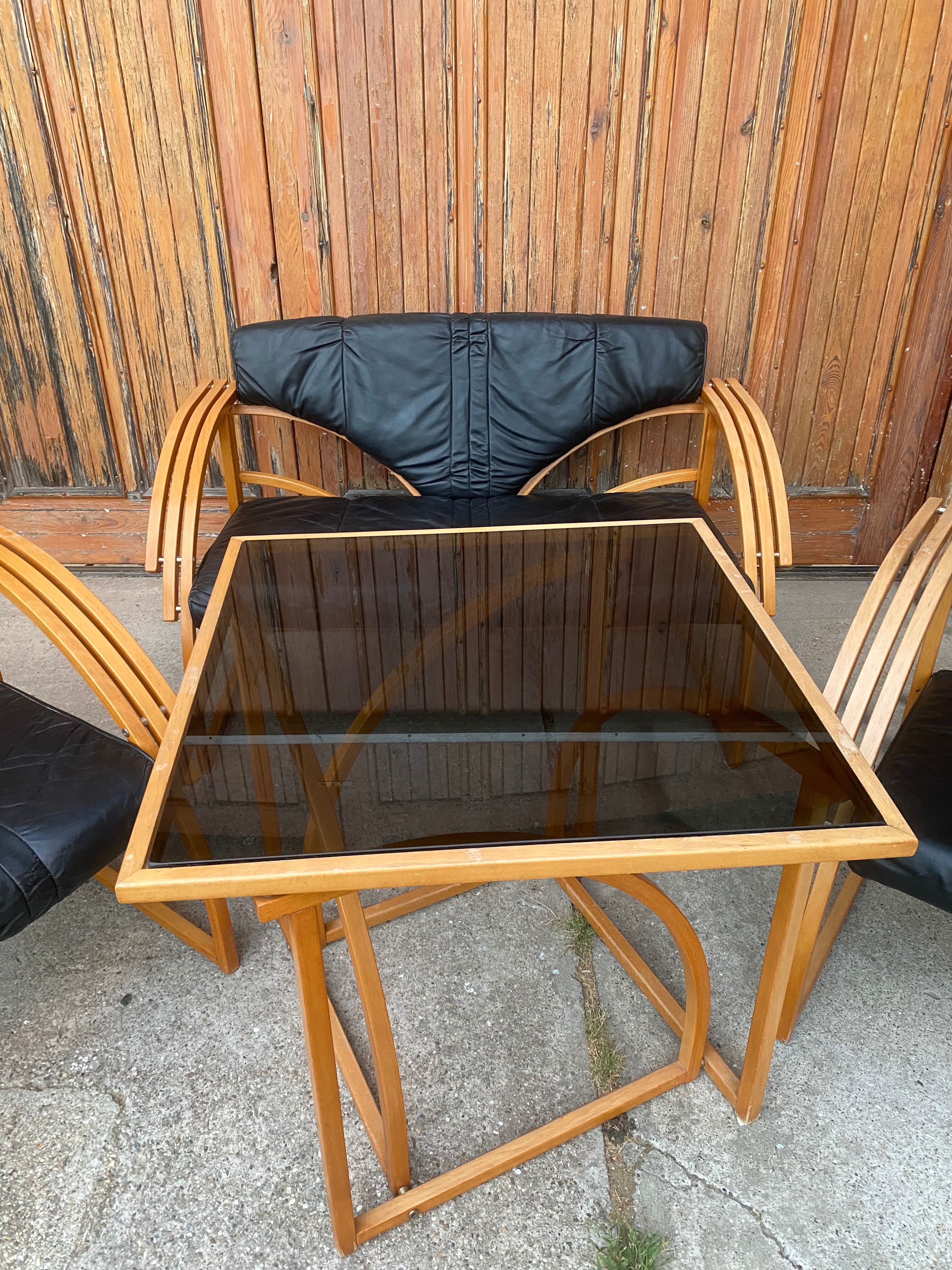 Mid-century leather sofa, 2 fotels, and table in sett
