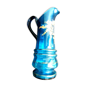 carafe art déco pichet broc verre bleu soufflé et émaillé doré et blanc