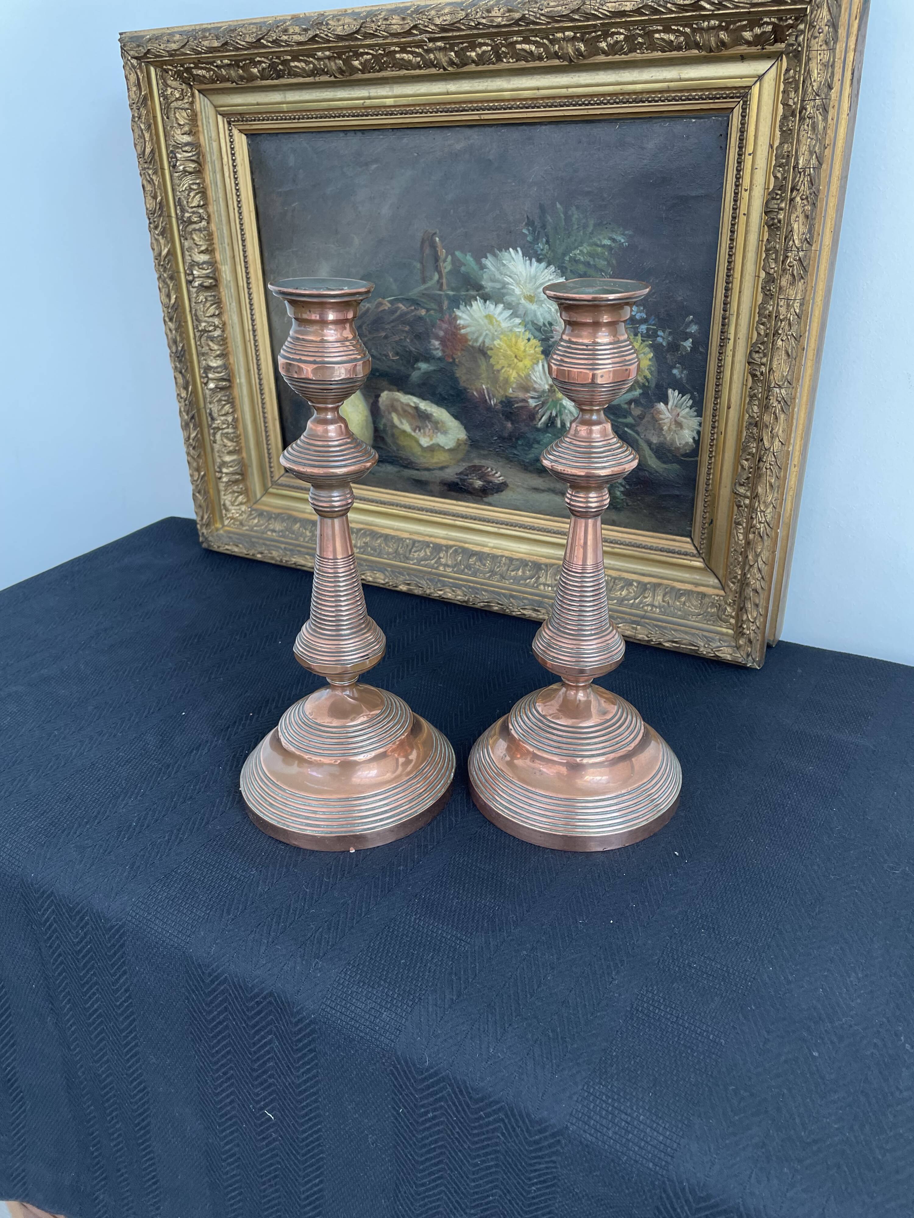 Antique, pair of candle holders, copper, brass, candle, goldsmith hallmark, old, large, massive, France