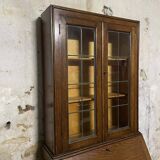 Oak display secretary cabinet, two-body furniture with drop-down front.