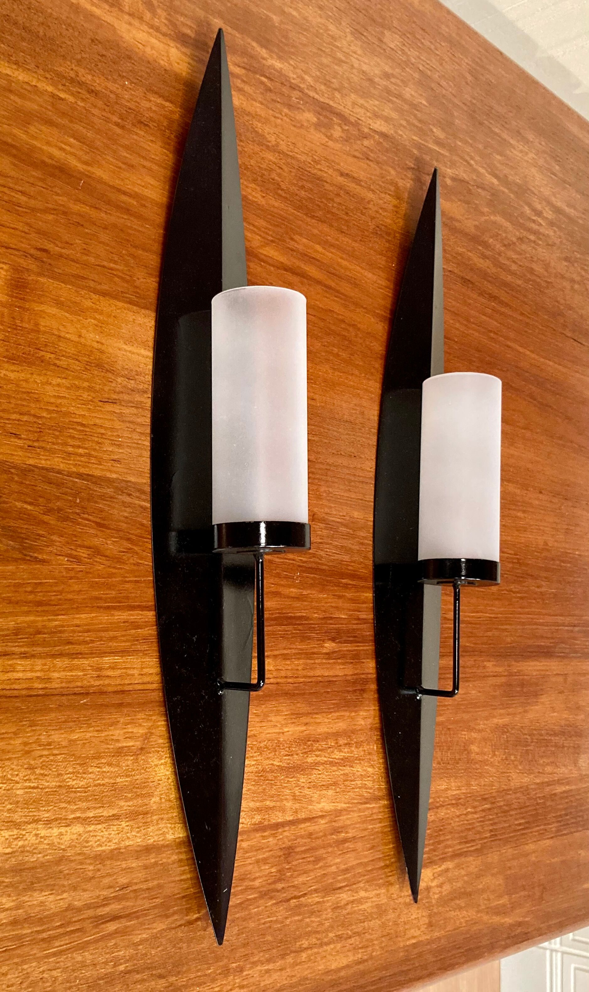 PAIR OF SCANDINAVIAN DESIGN METAL AND GLASS CANDLE HOLDERS.