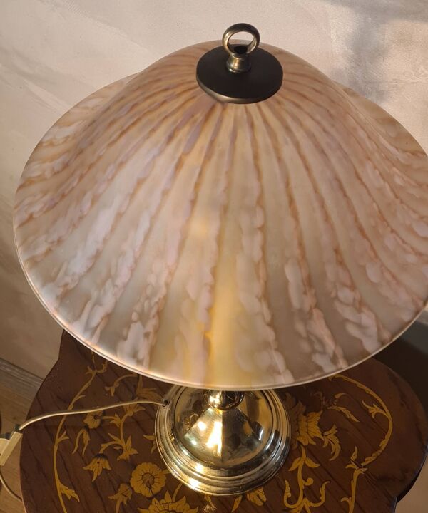 lampe laiton polie 1970 abat jour pate verre vianne 56x35 elec ok