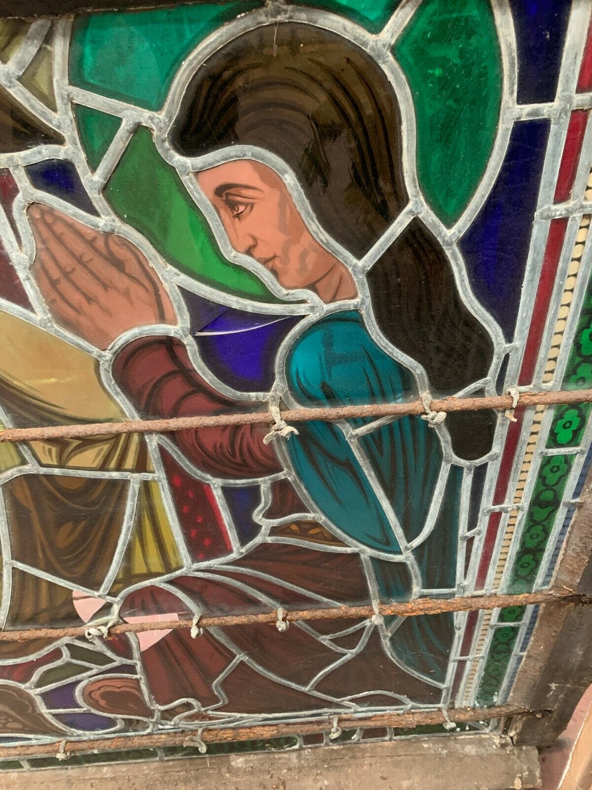 Stained glass panel representing a nineteenth century coronation
