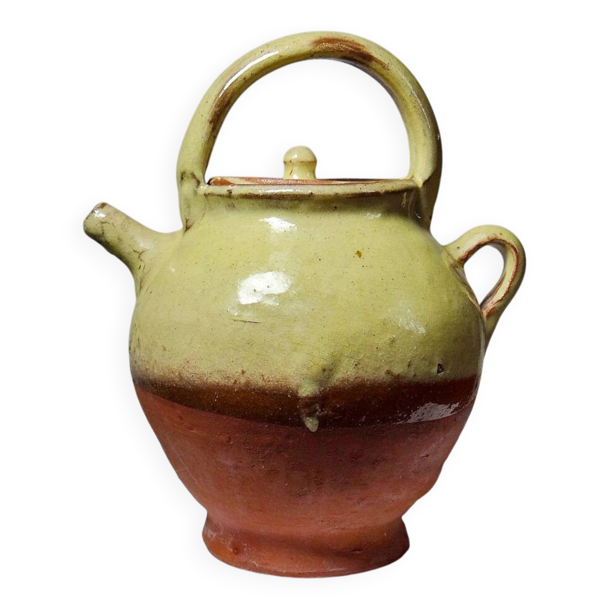 Petite cruche chevrette en terre cuite émaillé jaune pâle vintage