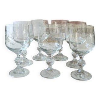 Set of 7 crystal stemmed glasses. Frosted wheat ear motifs. Art Deco