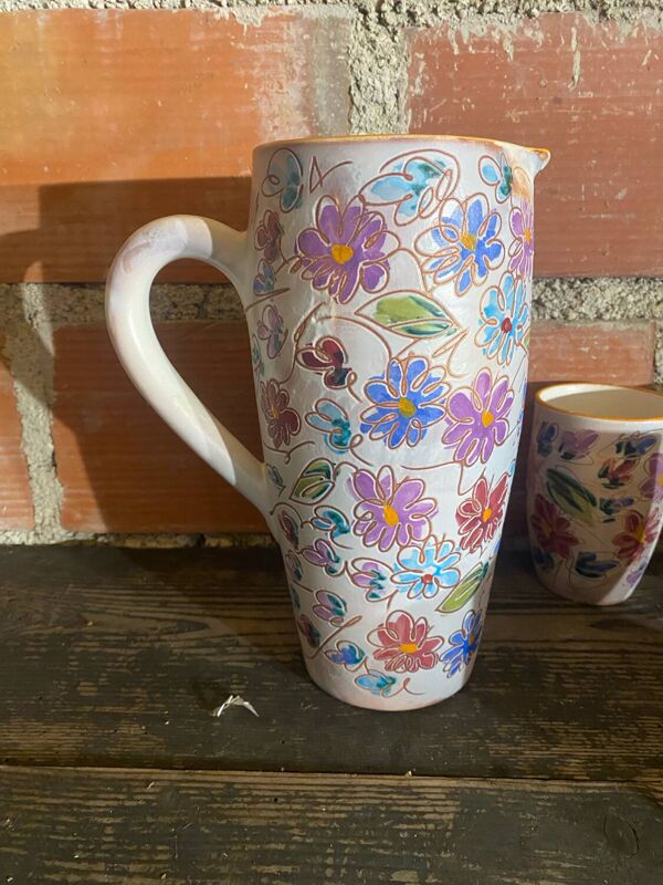 Service à orangeade, pichet et 6 verres Vallauris en céramique fleurs