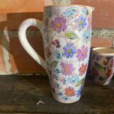 Orangeade Service VALLAURIS Ceramic Flowers Pitcher + 6 Vinta Glasses