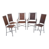 3 chaises et 2 fauteuils en fer forgé et rotin canné, années 50