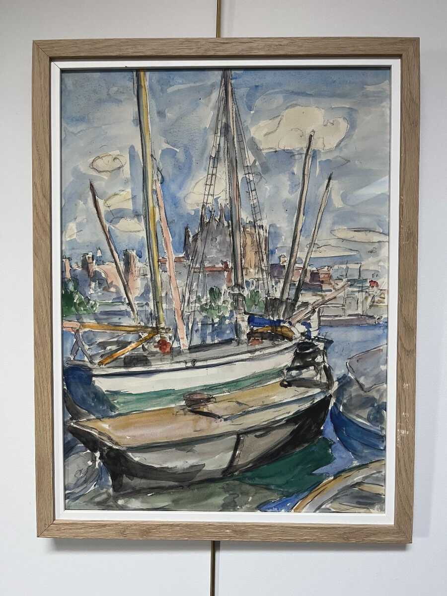 French School of the 20th Century, Sailboats in the Port of La Palma, Watercolour