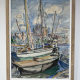 French School of the 20th Century, Sailboats in the Port of La Palma, Watercolour