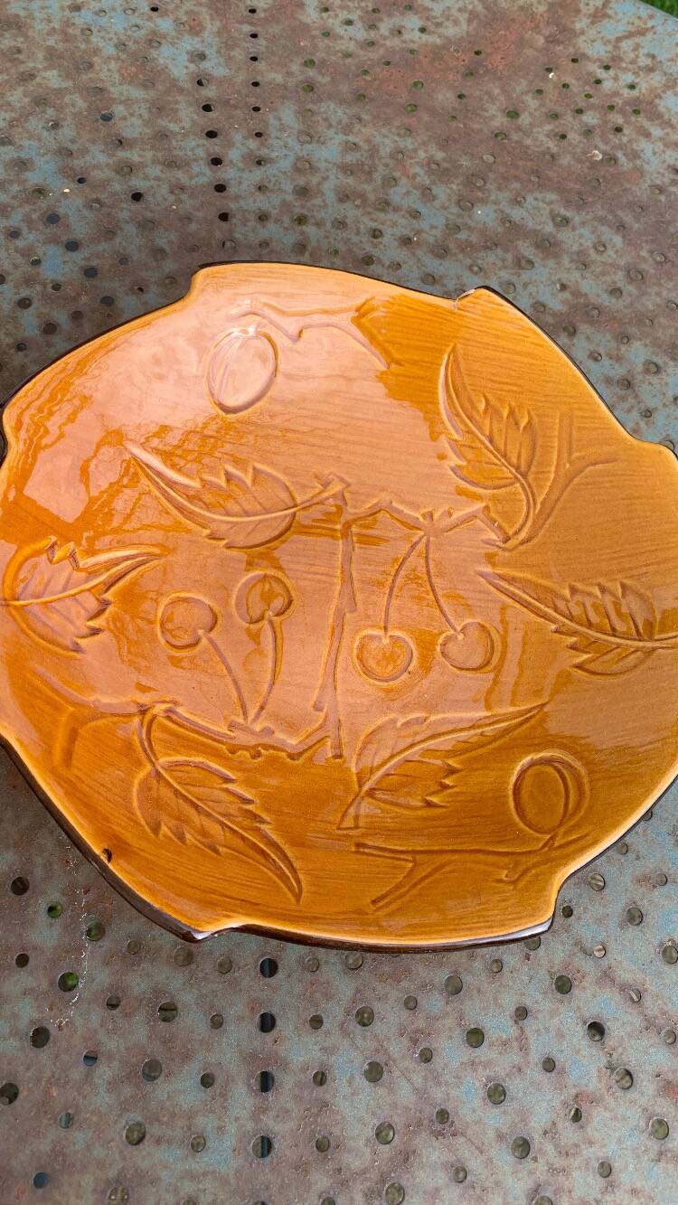 Enameled ceramic fruit bowl signed POET LAVAL, Drome France, with summer fruits