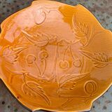 Enameled ceramic fruit bowl signed POET LAVAL, Drome France, with summer fruits
