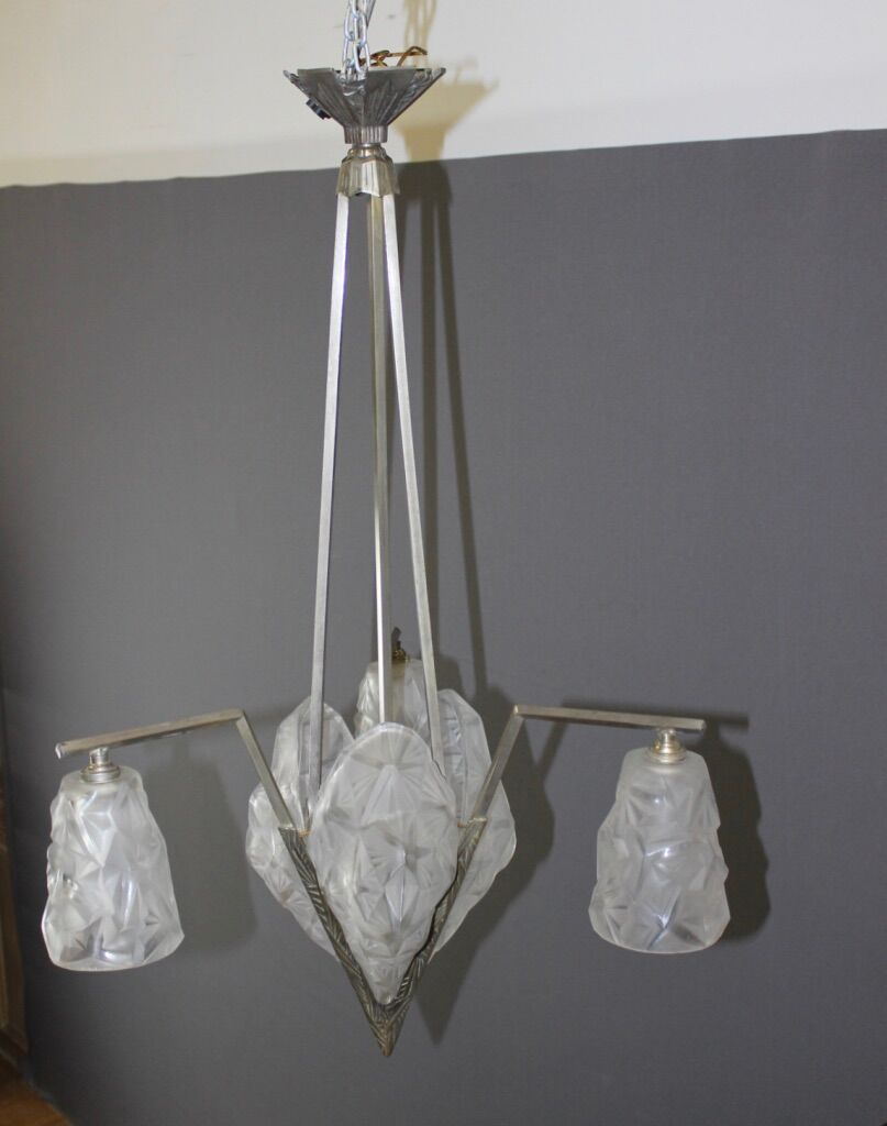 Art Deco period plate chandelier signed Degué