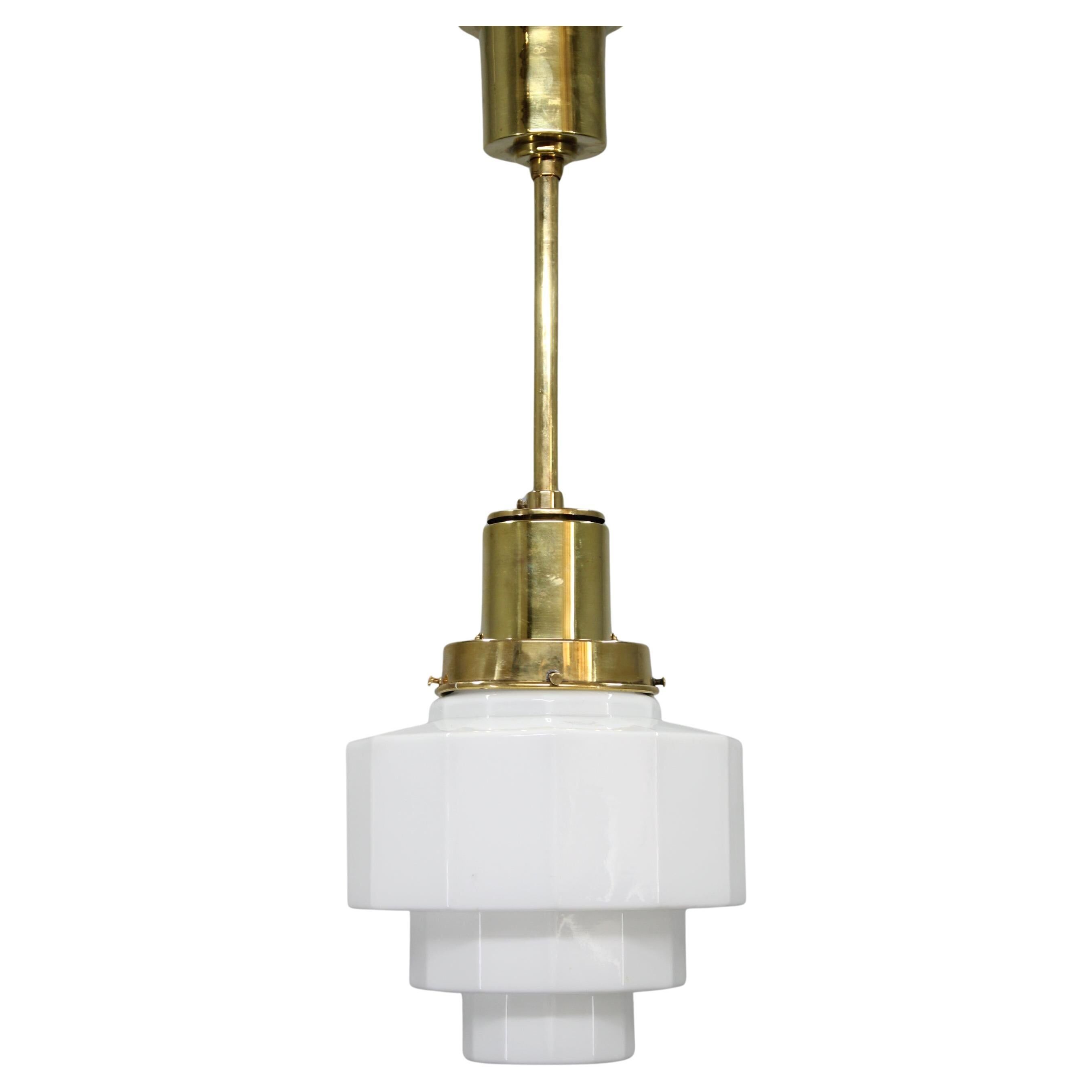 Art Deco Pendant Light with Opaline Glass Shade, Czechoslovakia 1930s