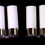 Pair of Modernist wall lights in chrome and double opaline metal, France, Mid-century.