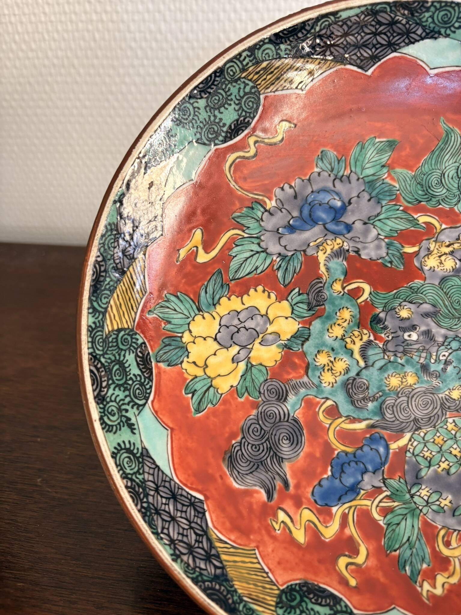 Antique Japanese Imari Kutani Plate Lion Fo Karashishi Shishi Meiji 19th