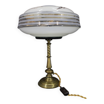 1940s Restored Brass Table Lamp with Glass Shade