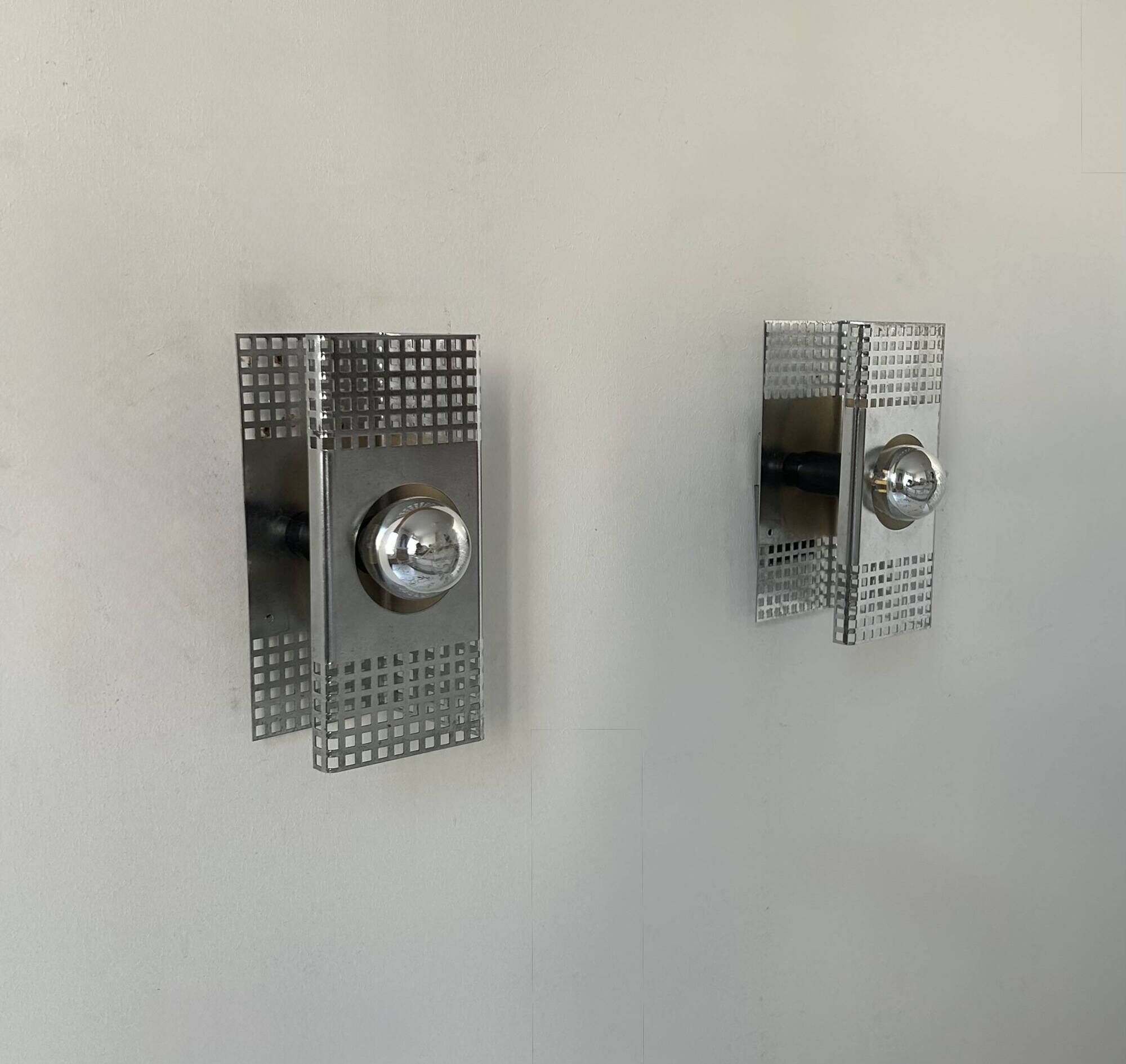 Pair of vintage wall lights, chrome-plated metal, France 1970.