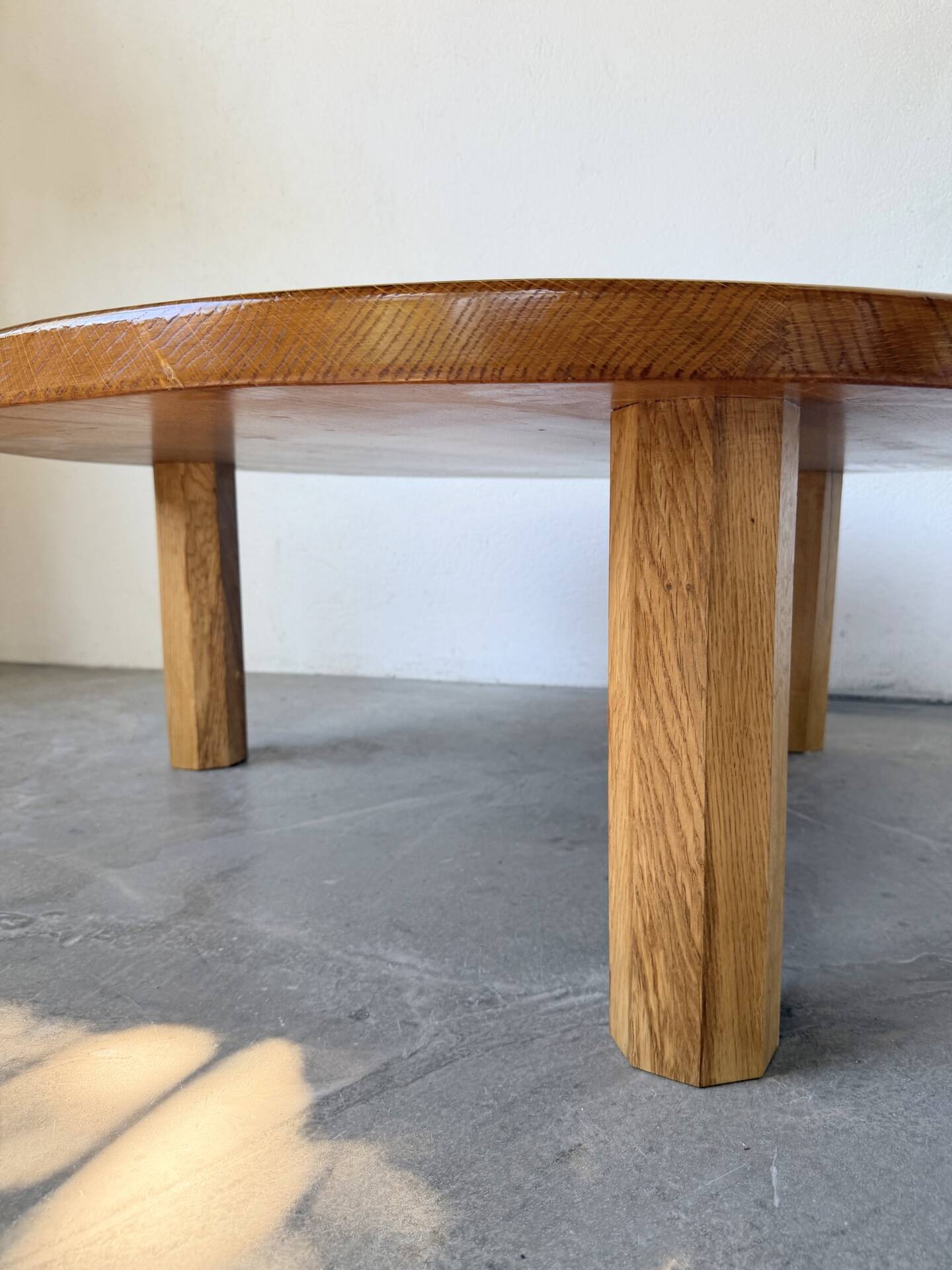 1950s round tripod oak coffee table
