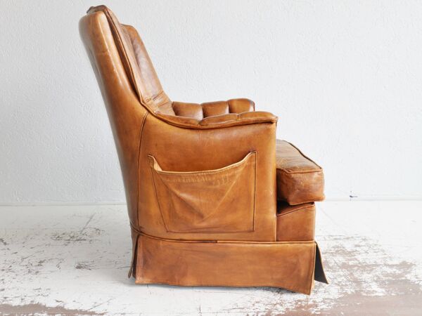 Fauteuil en cuir de mouton vintage, grande chaise fumeur en cuir de mouton marron, Grand fauteuil en cuir