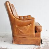 Vintage sheap leather armchair,  large smoker chair in brown sheapleather, Big leather fauteuil