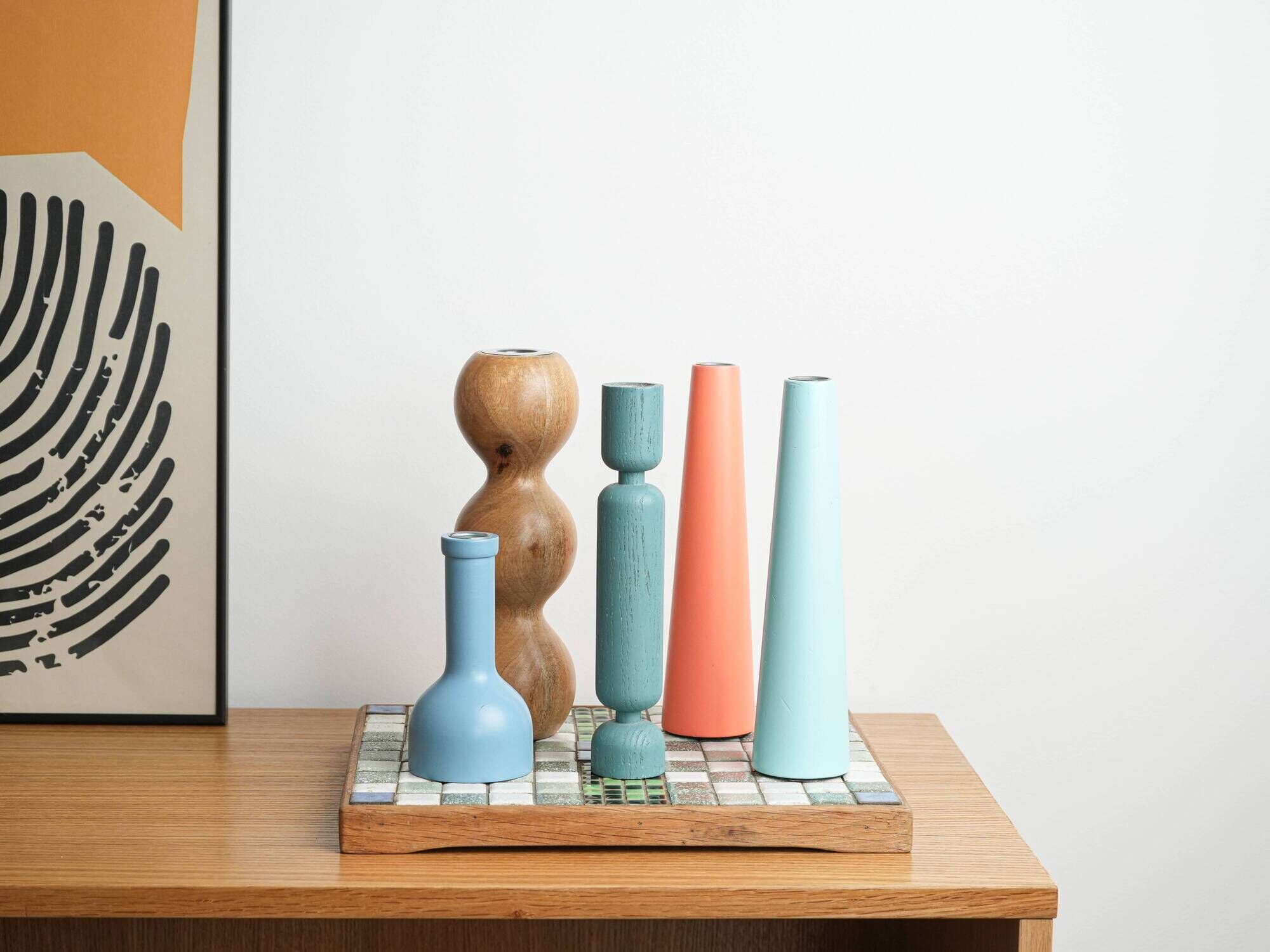 Wooden candlestick with blue enamel accent, Danish design from the 1970s,