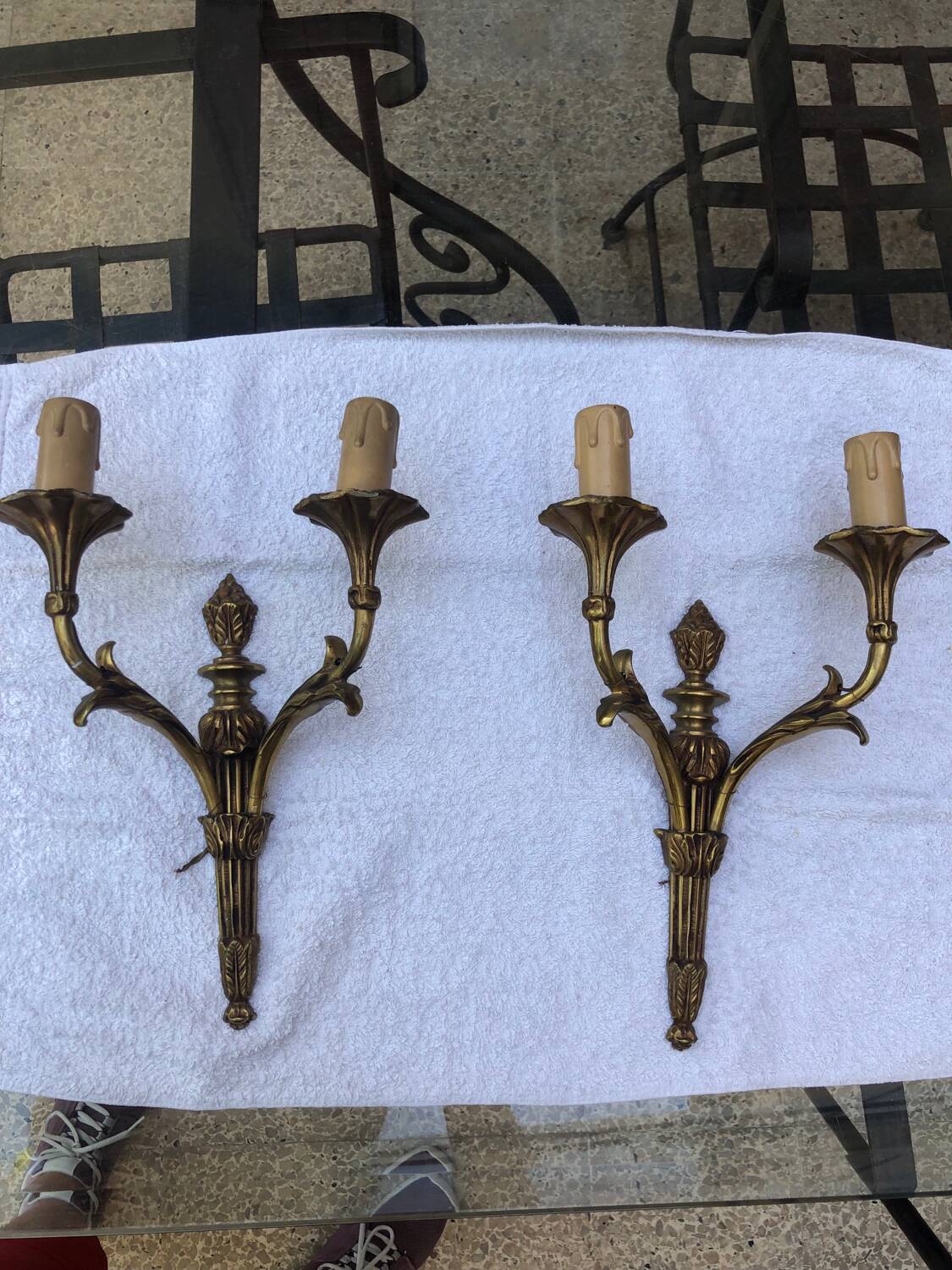 Pair of Louis XVI style bronze wall lights