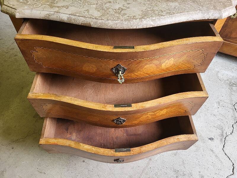 Curved chest of drawers in rosewood and marble marquetry