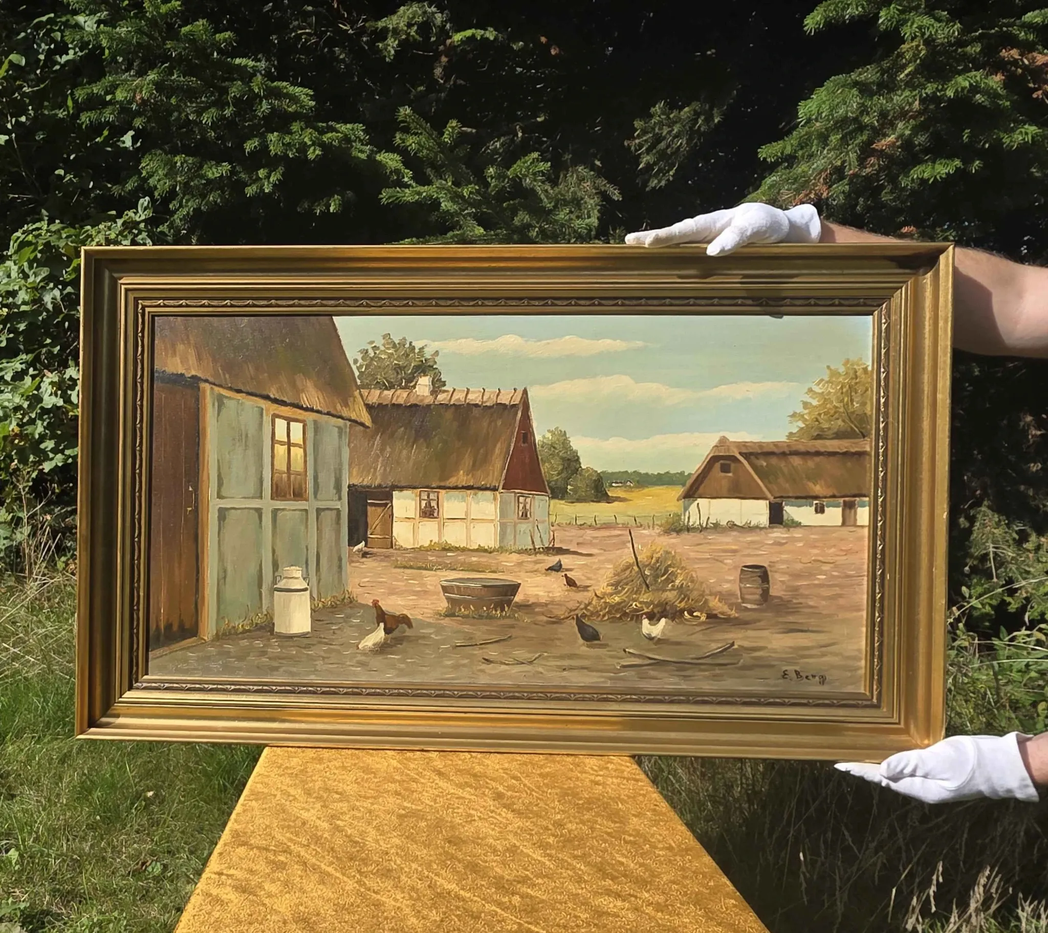 Vintage Oil Painting - Sunlit Farmyard with Chickens
