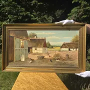 Vintage Oil Painting - Sunlit Farmyard with Chickens