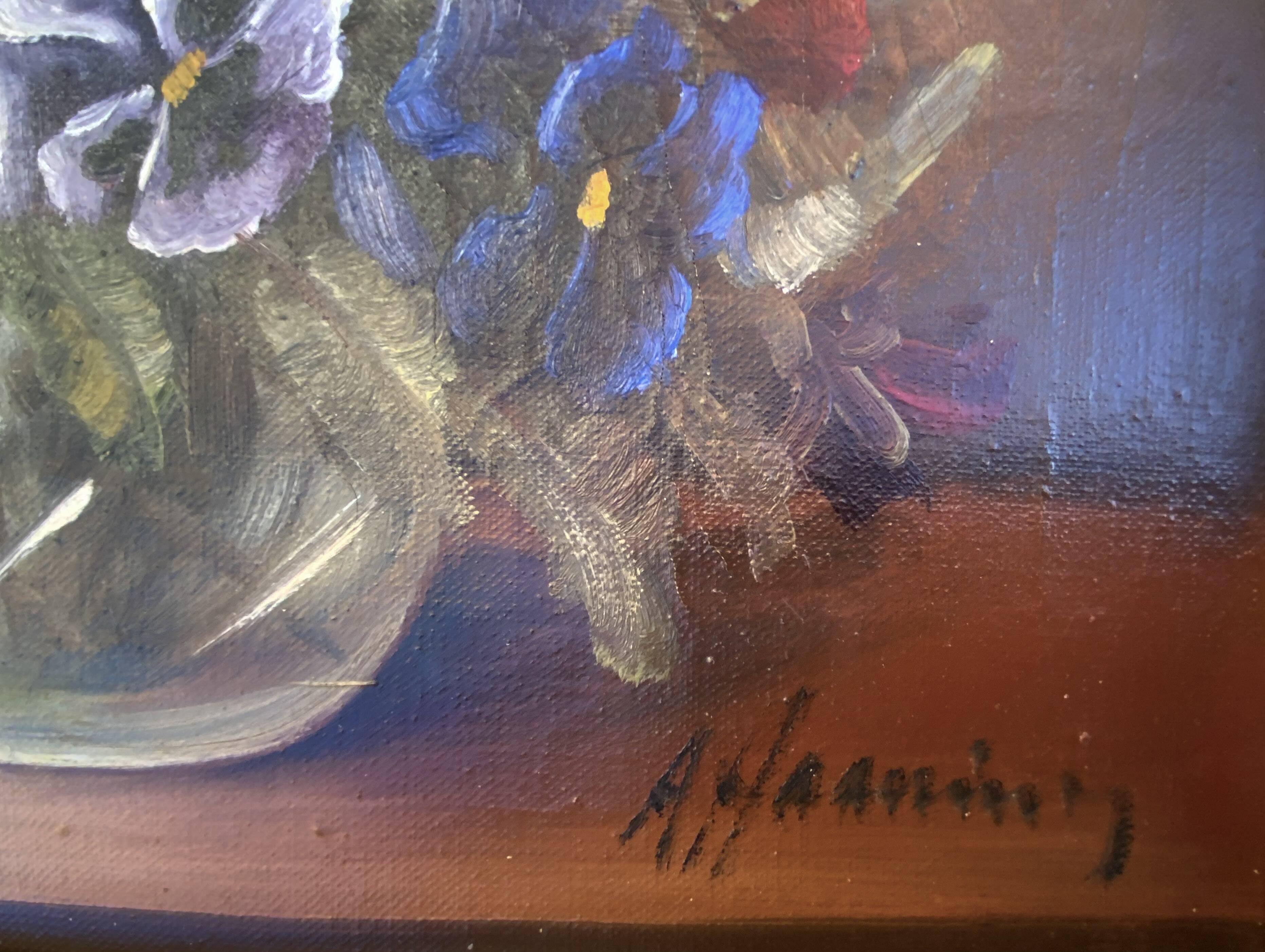 Vintage Art deco Still life with flowers Oil Paintingby A.Haaning, Denmark