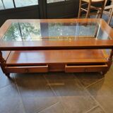 Coffee table with 2 drawers in solid cherry wood and glass.