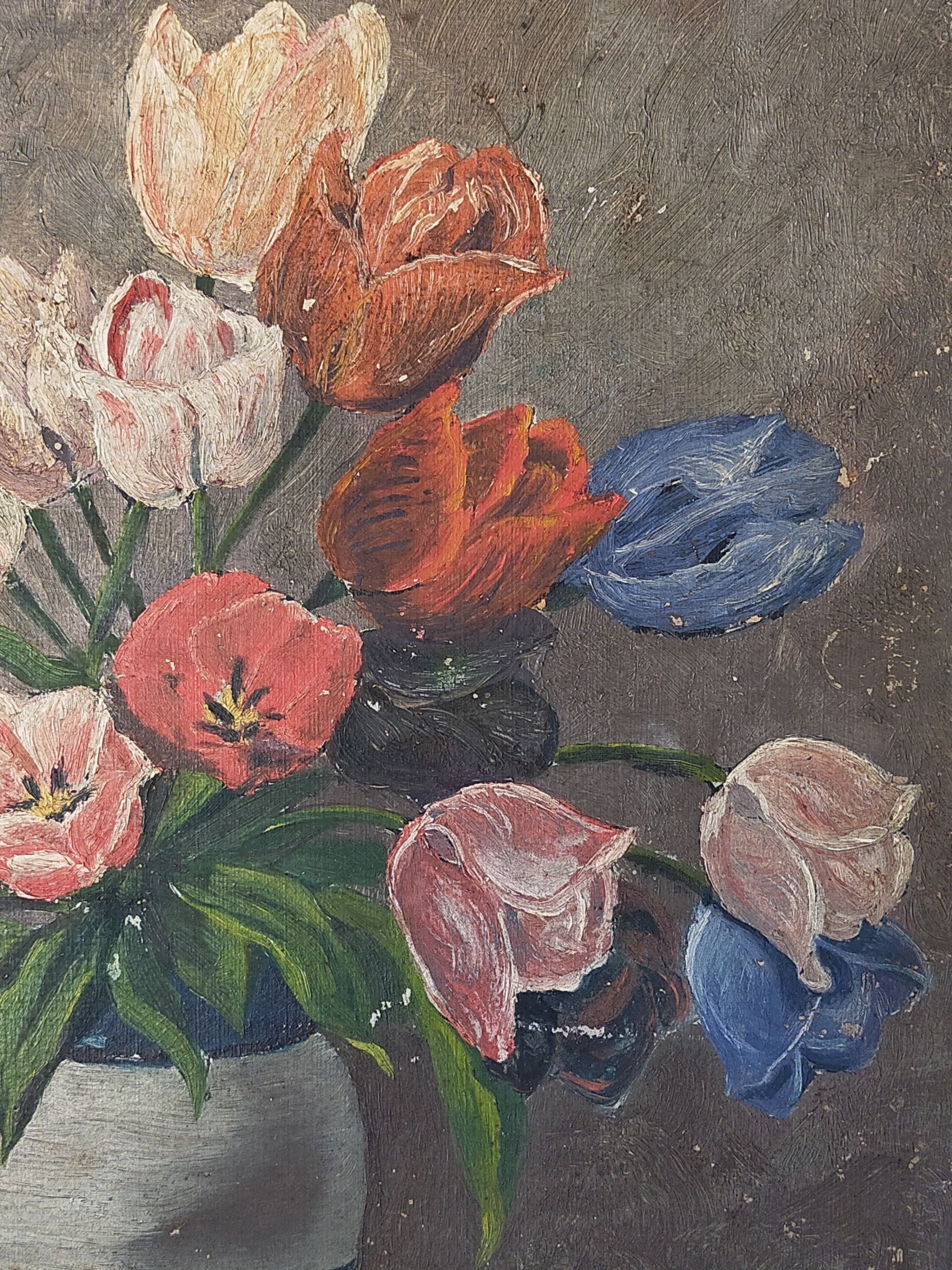Table oil on cardboard the tulips hatched 30s