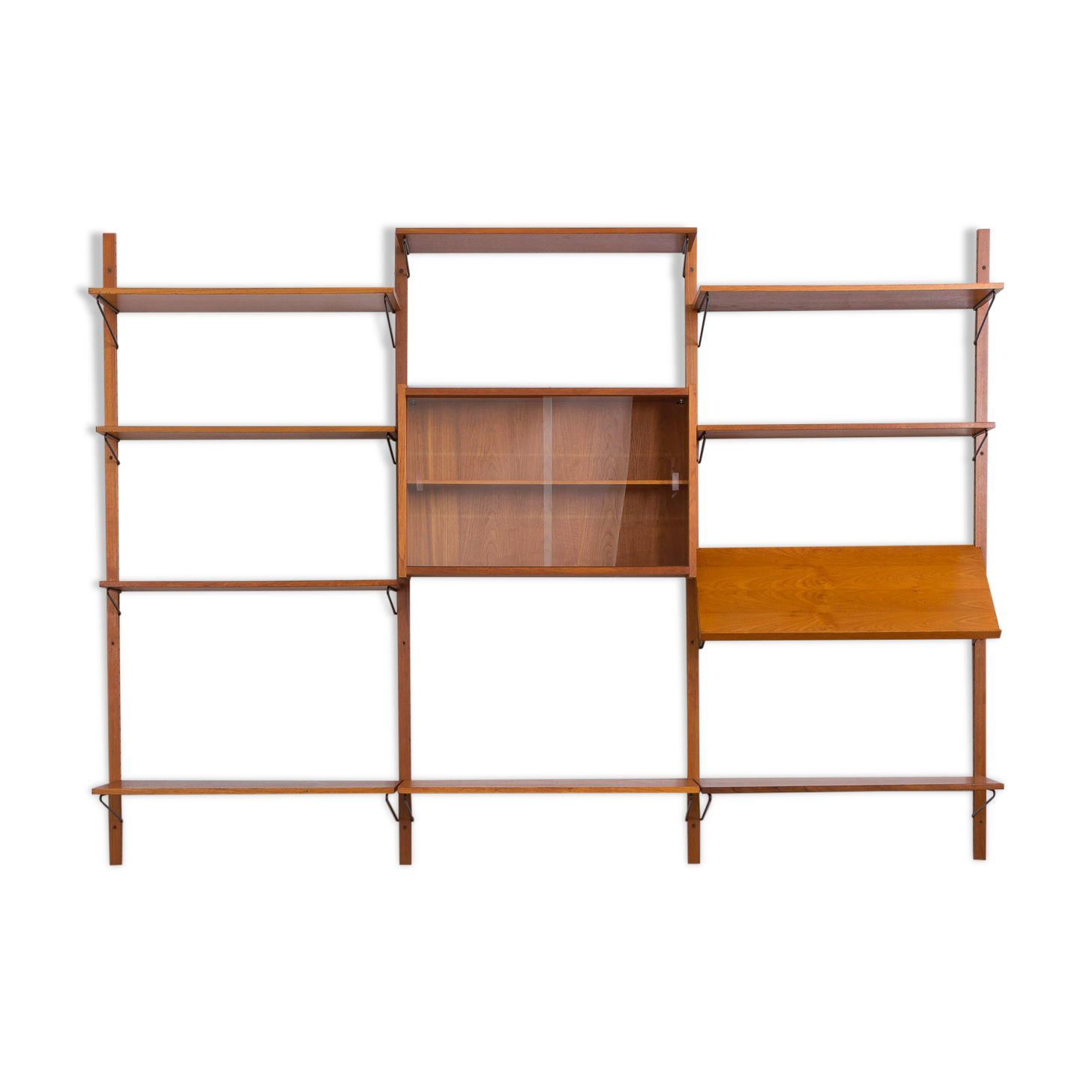 Danish mid century teak wall unit with magazine shelf and glass cabinet 1960/70s