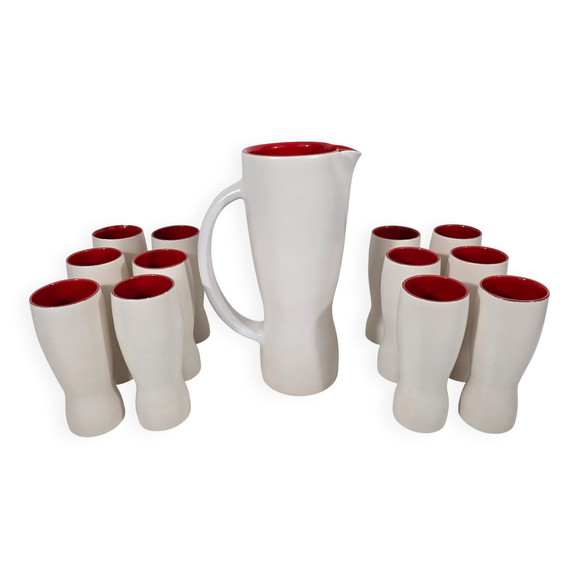 Jug and 12 ceramic cups model 1059 by Pol Chambost from around 1950.