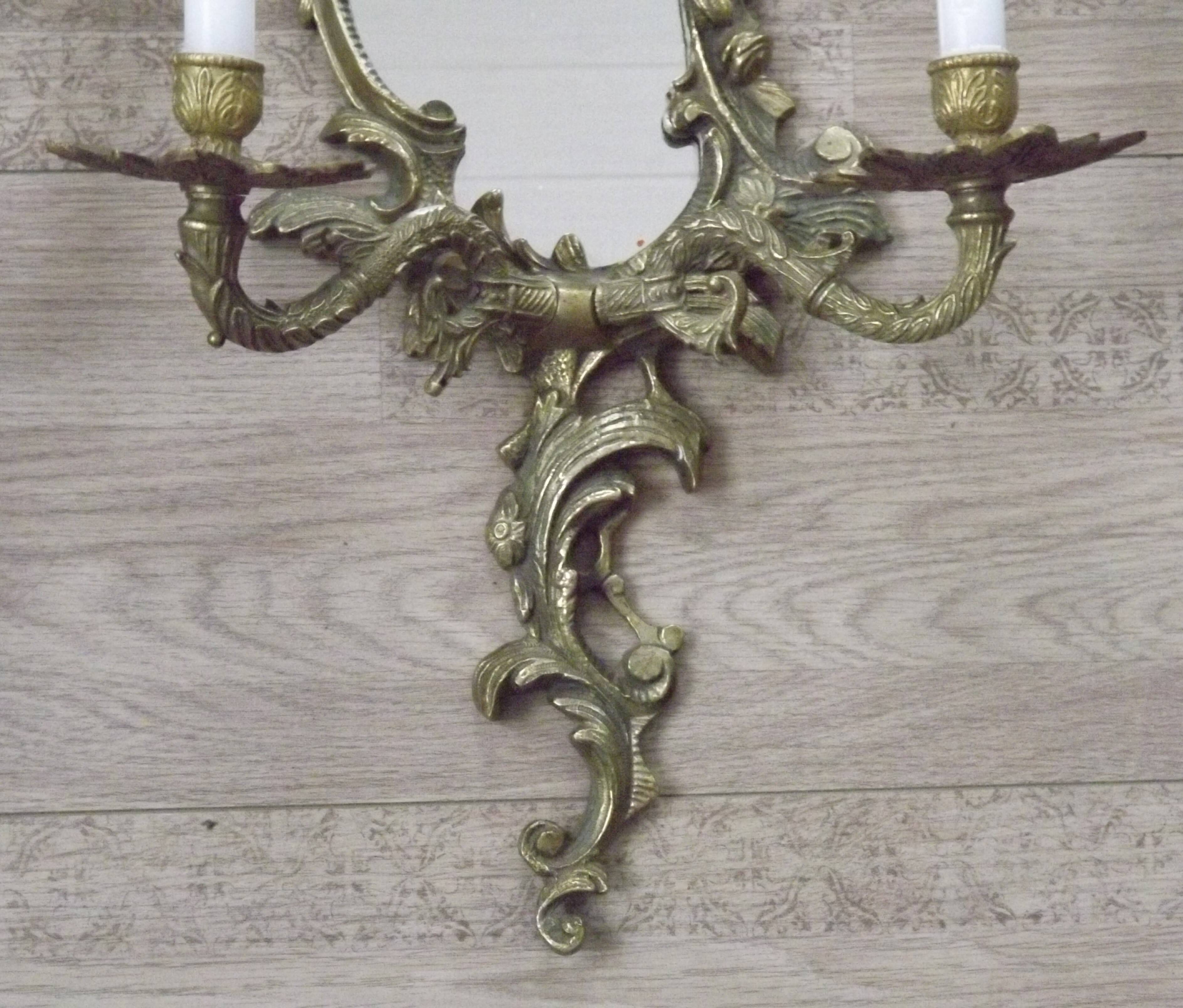 Large Pair of French Antique Bronze Mirror Double Candle Wall Sconces 5127