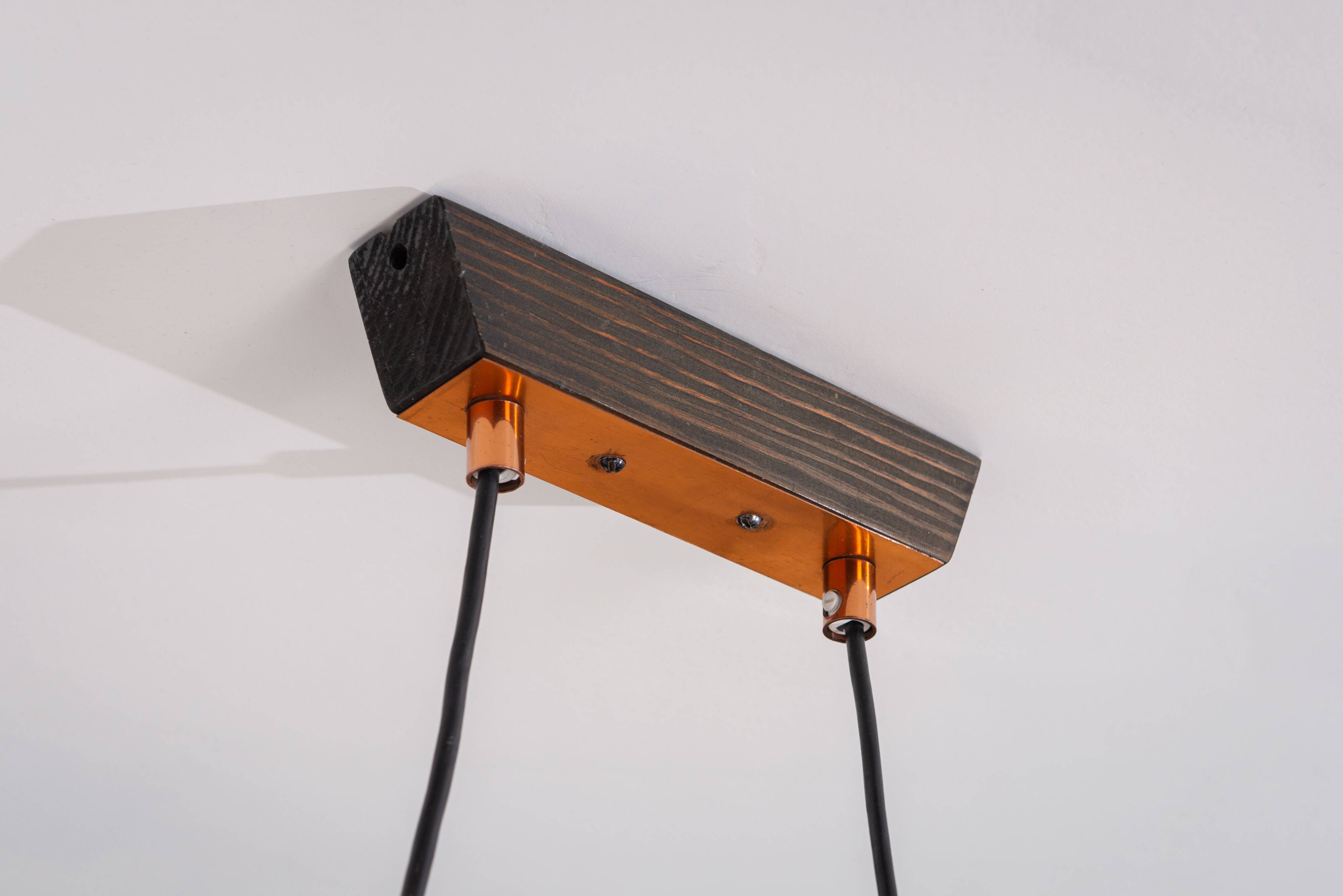 Ceiling lamp in dark stained wood with four brass shades, Sweden, 1960s