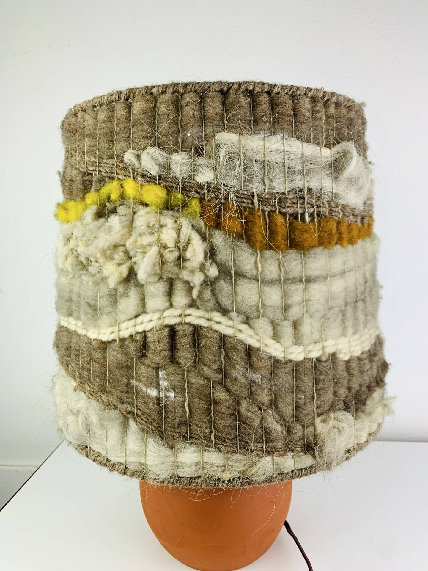 Terracotta globe lamp with a wool shade from the 1960s.