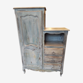 Wood furniture 1 door, 3 drawers with niche, grey, blue aged appearance